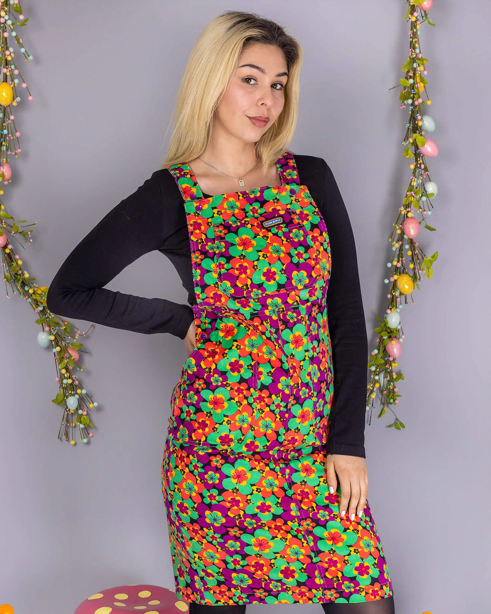 70's Dark Floral Print Stretch Corduroy Long Pinafore Dress - Image 4
