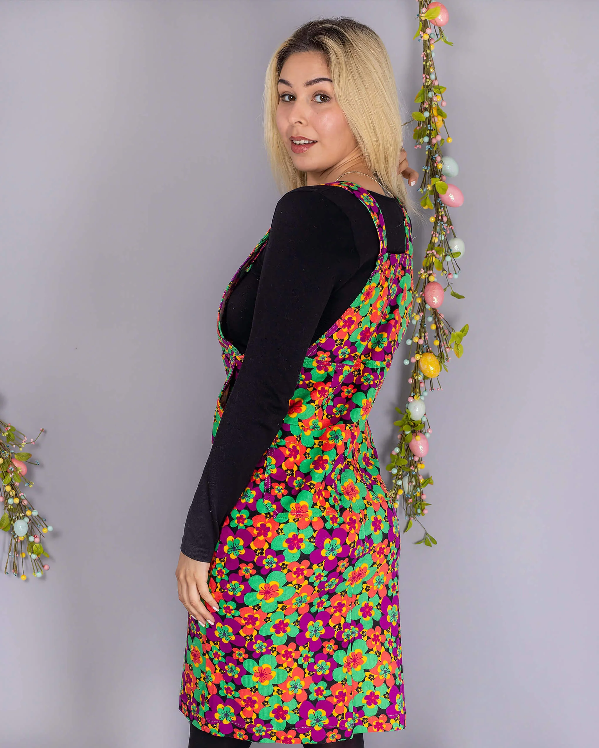70's Dark Floral Print Stretch Corduroy Long Pinafore Dress - Image 5