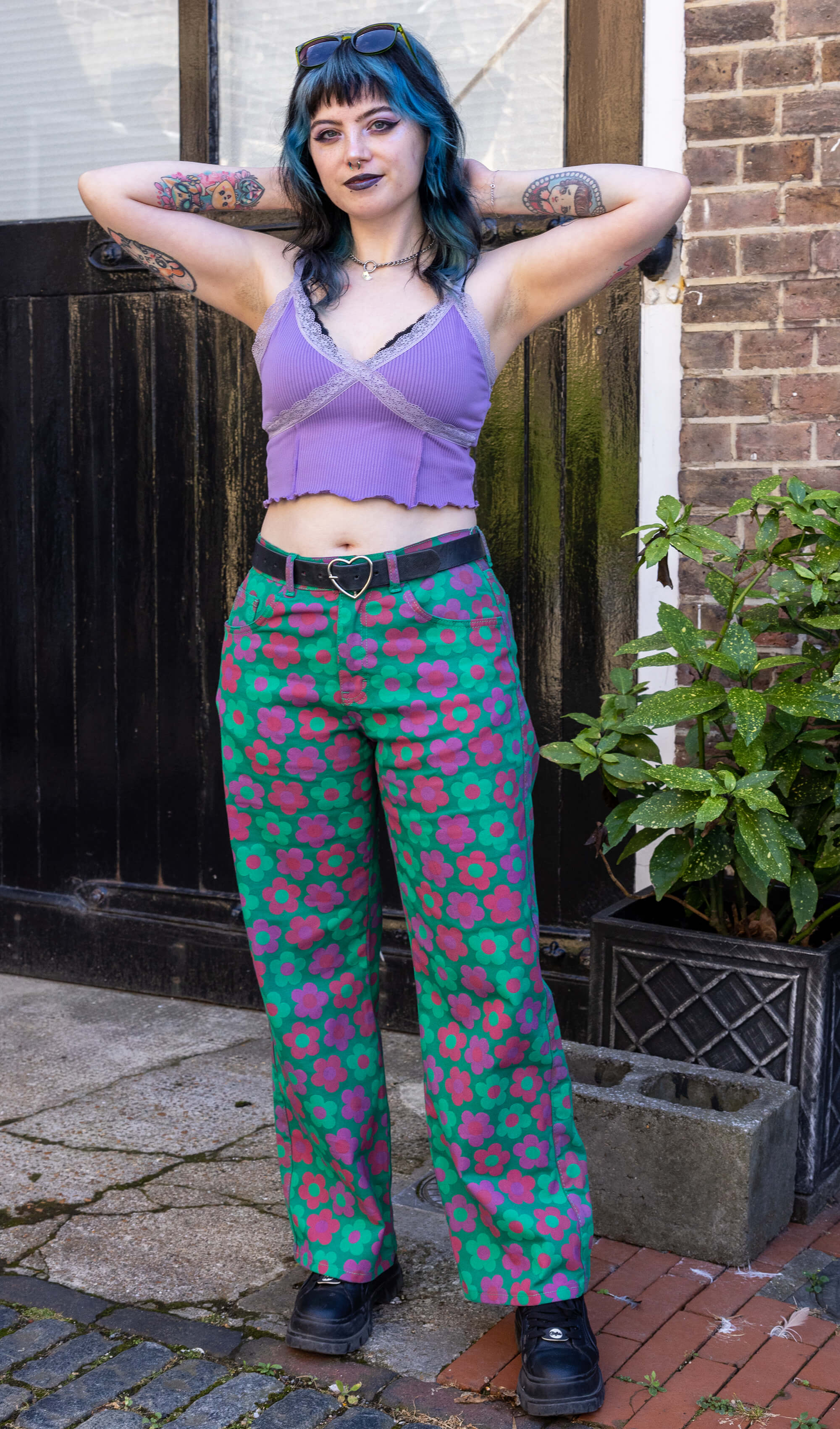90's Green Magic Flower Wide Leg Stretch Jeans - Image 2