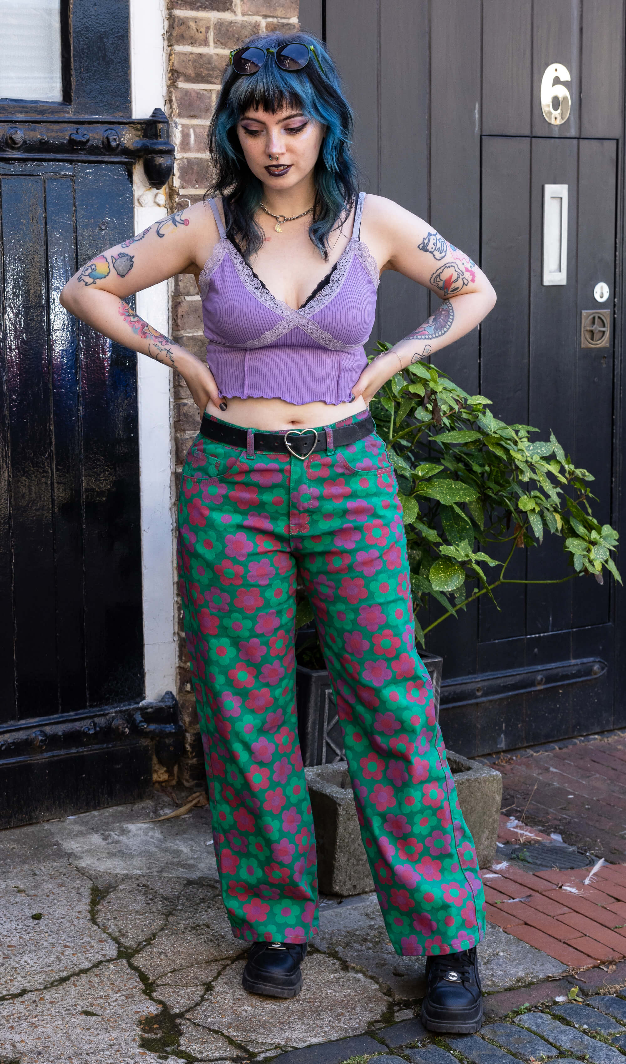 90's Green Magic Flower Wide Leg Stretch Jeans - Image 4