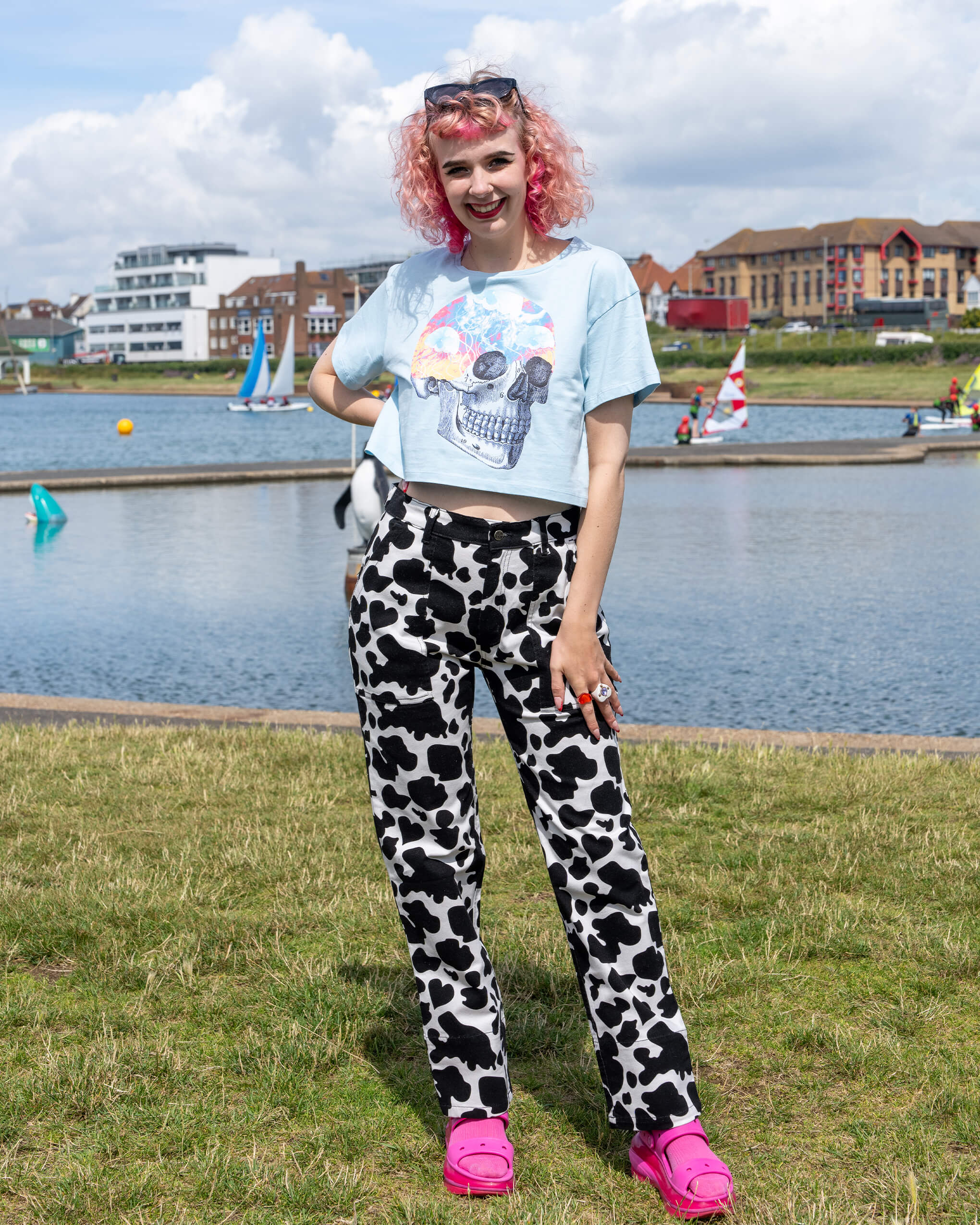 Black & White Cow Print Straight Leg Trousers - Image 2