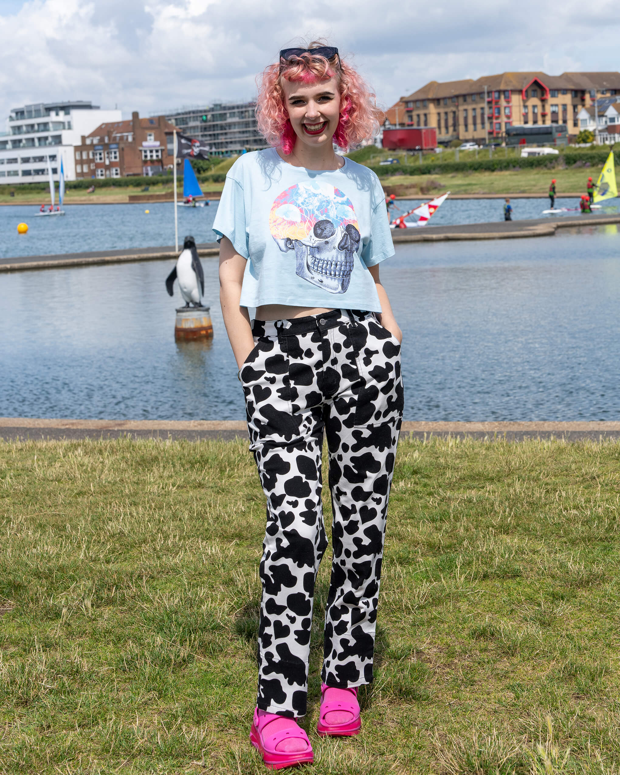 Black & White Cow Print Straight Leg Trousers - Image 4