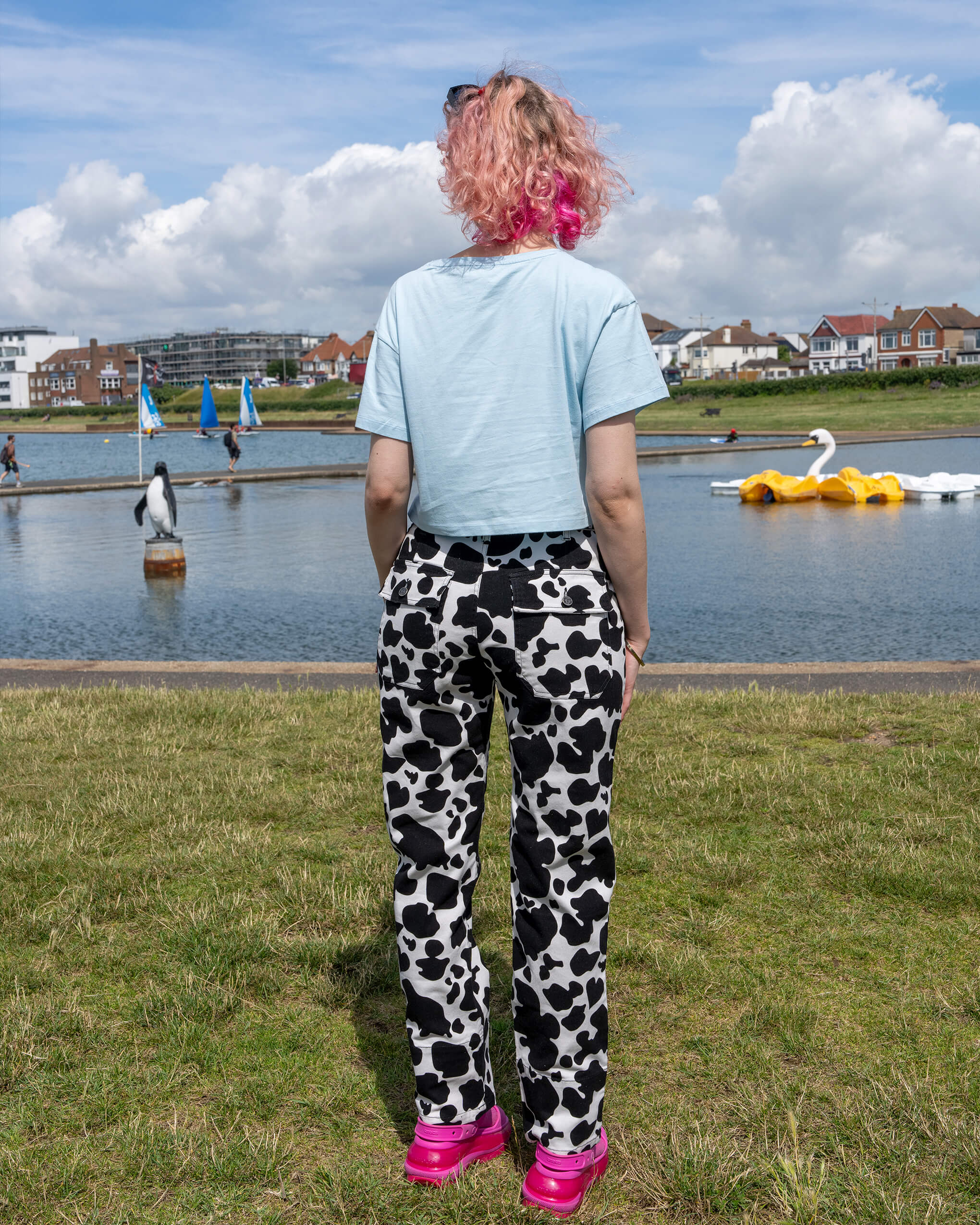 Black & White Cow Print Straight Leg Trousers - Image 9