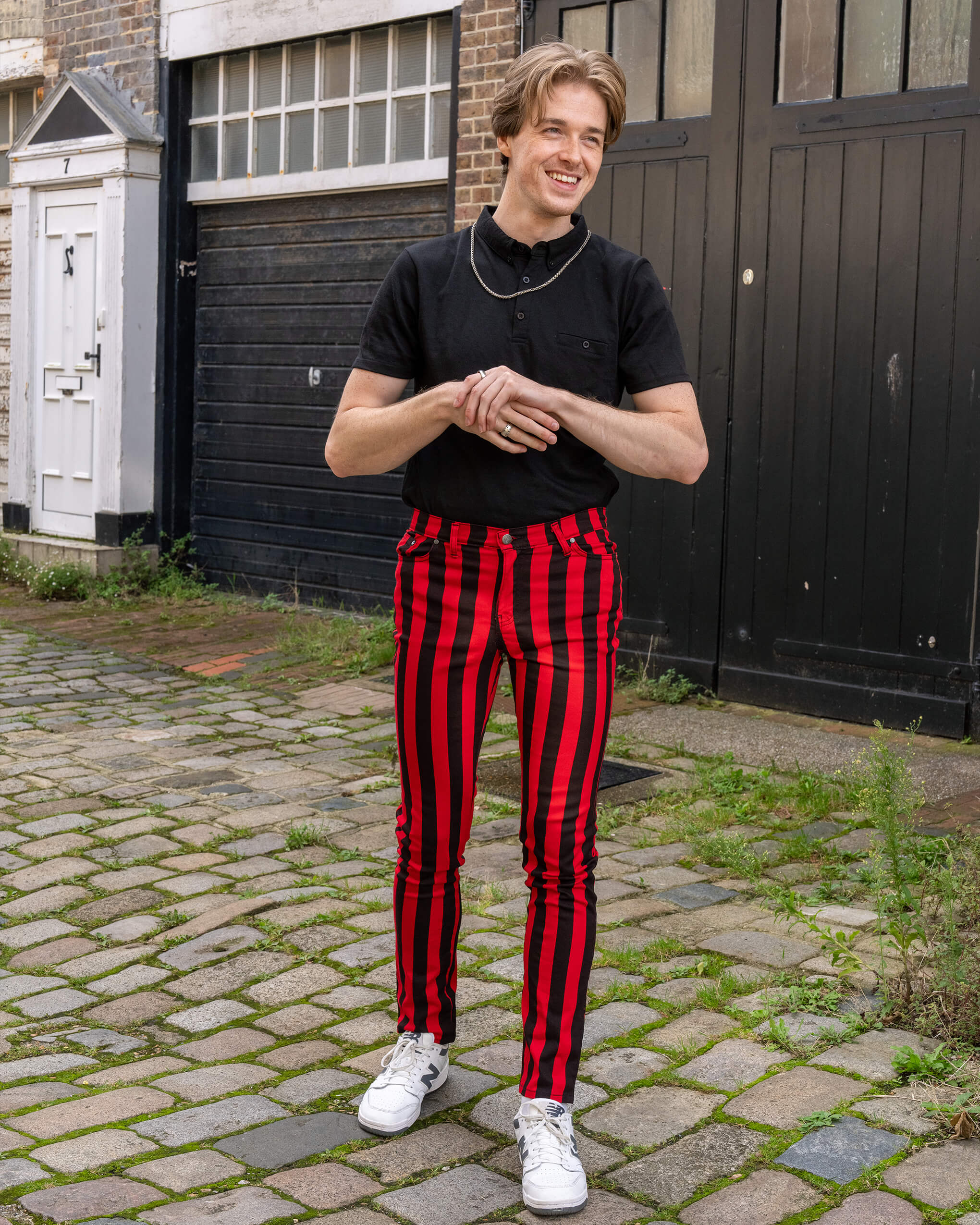 Black & Red 1" Striped Mid Rise Stretch Skinny Jeans - Image 4