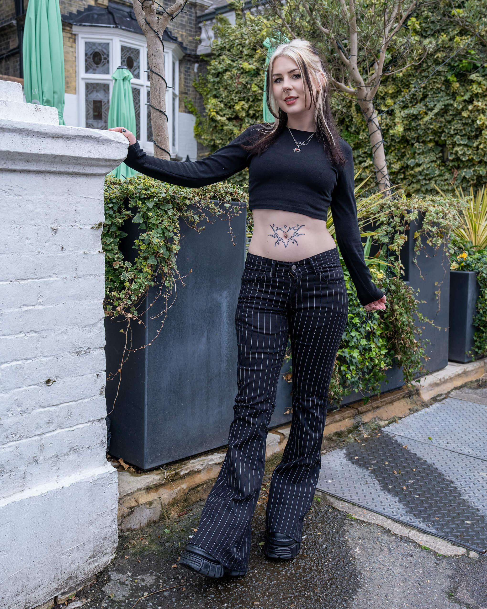 Black & White Pinstripe Bell Bottom Stretch Flares - Image 2