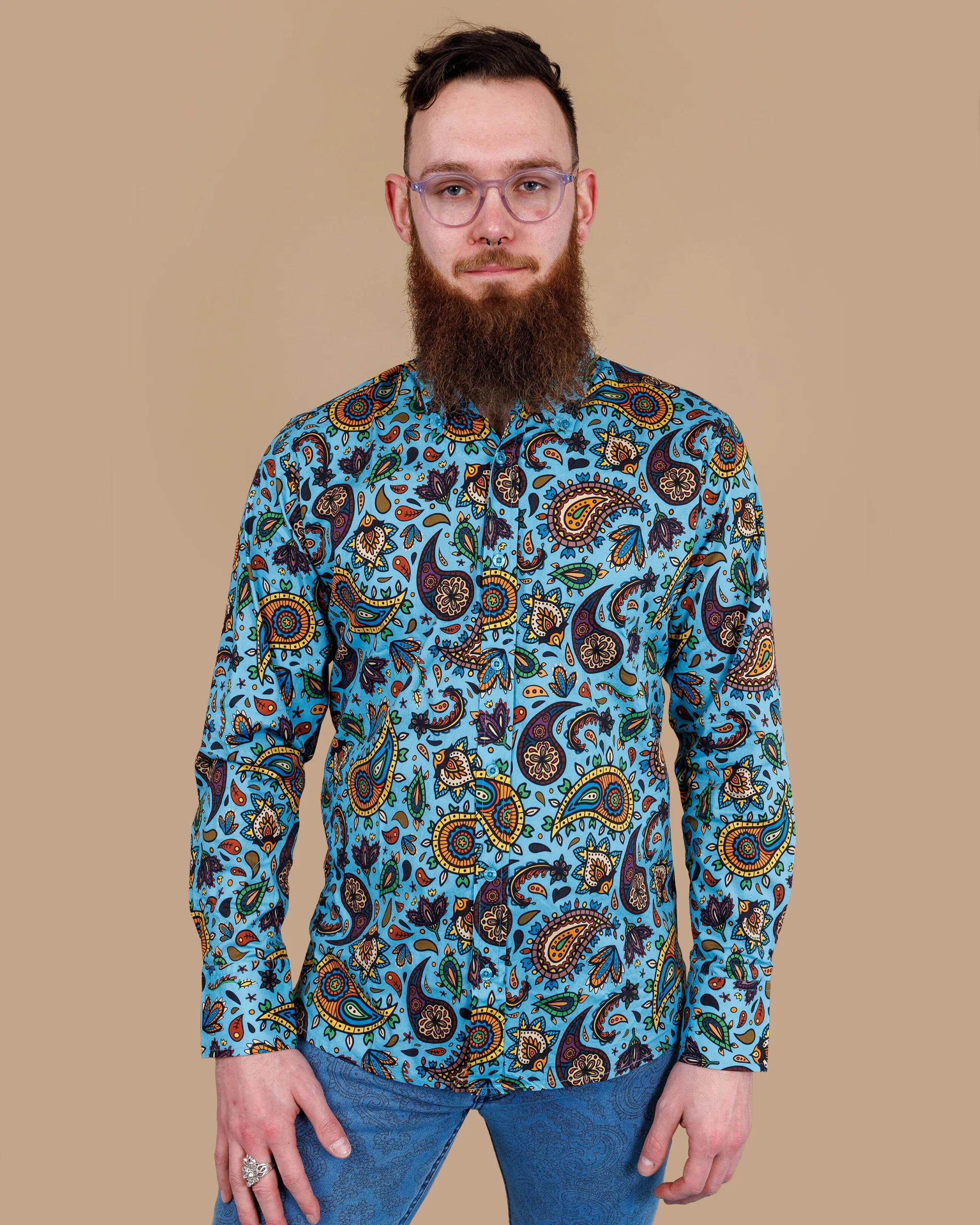 Sky Blue Paisley Print Long Sleeve Shirt