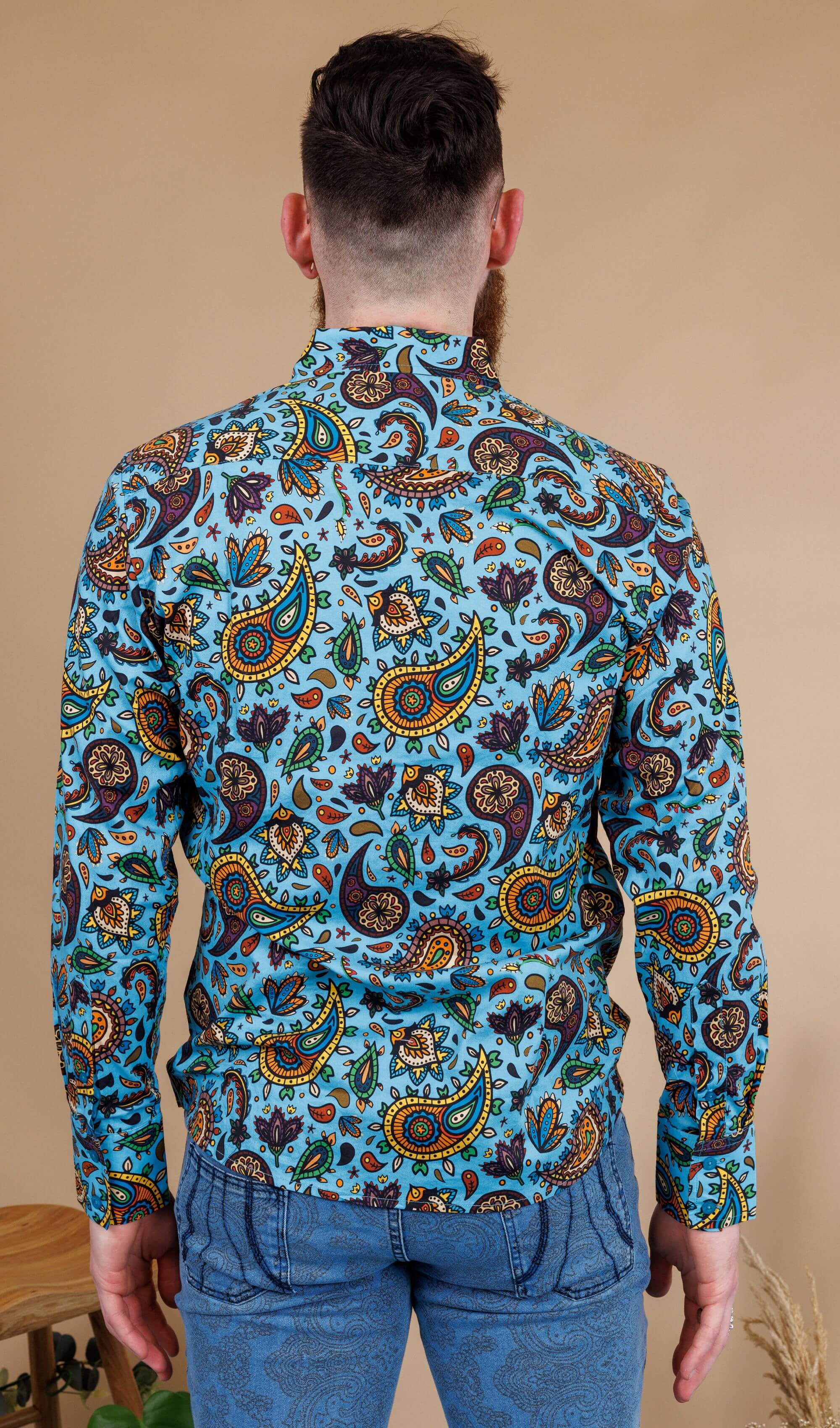 Sky Blue Paisley Print Long Sleeve Shirt - Image 3
