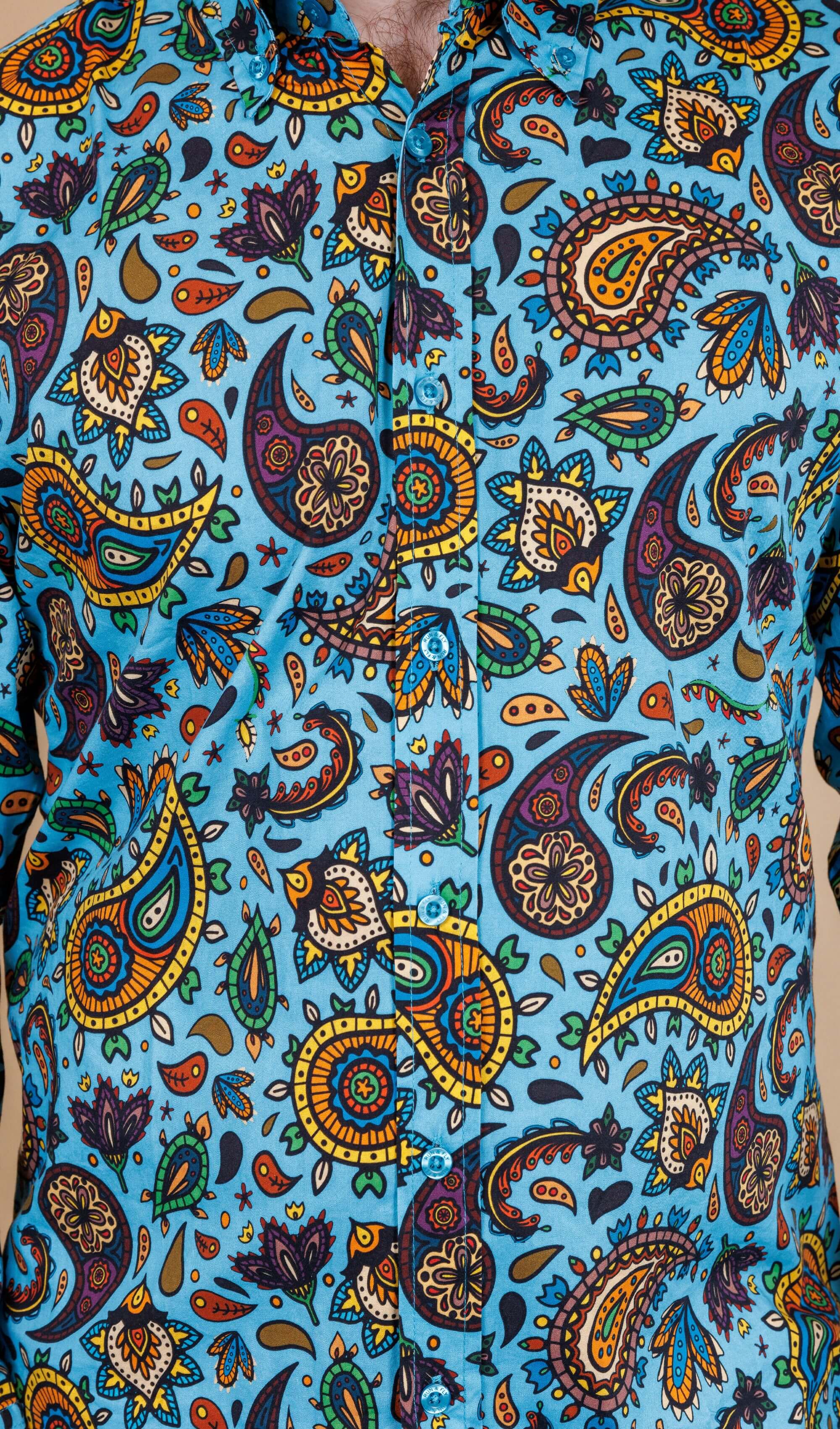 Sky Blue Paisley Print Long Sleeve Shirt - Image 4