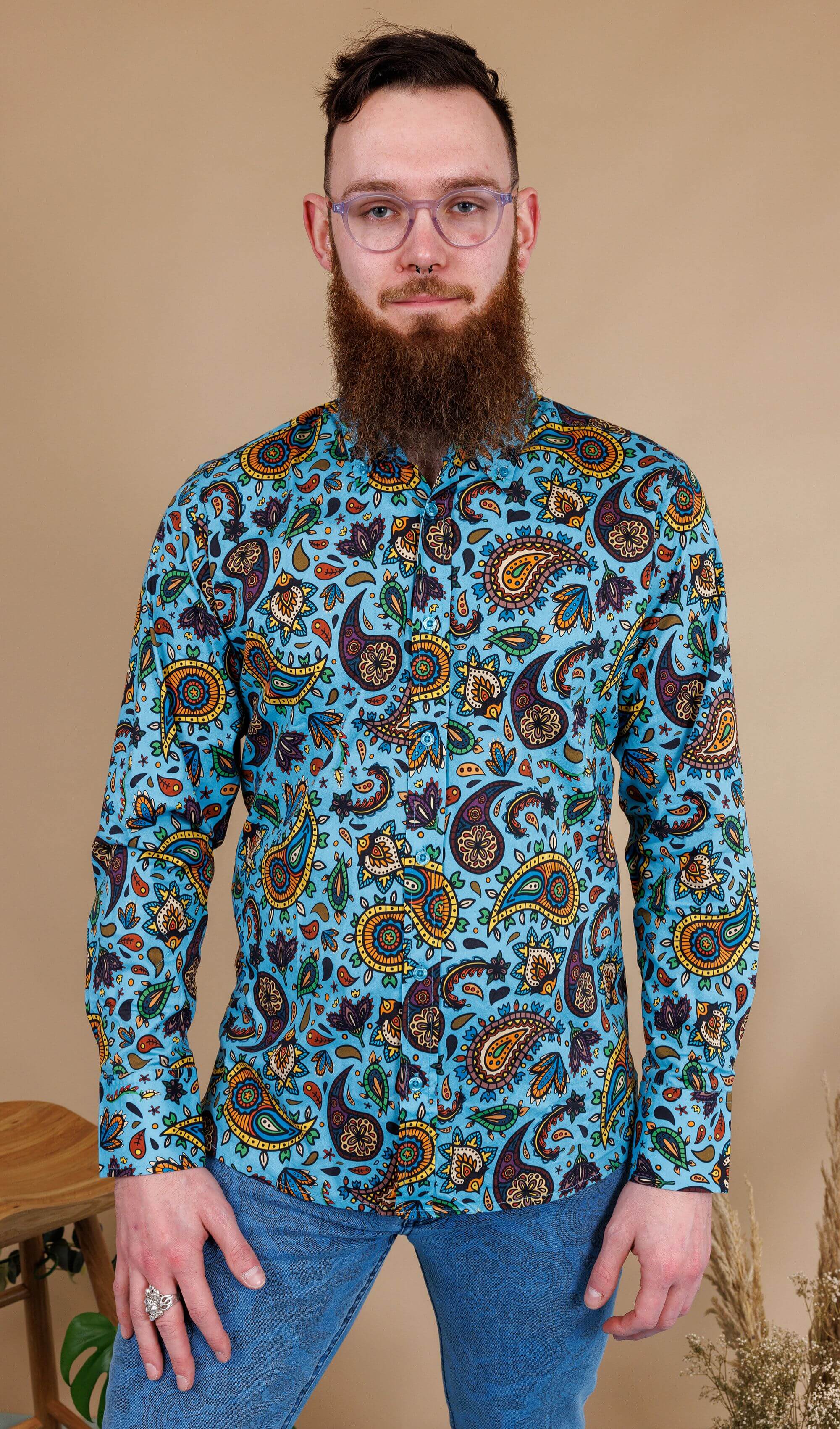 Sky Blue Paisley Print Long Sleeve Shirt - Image 5
