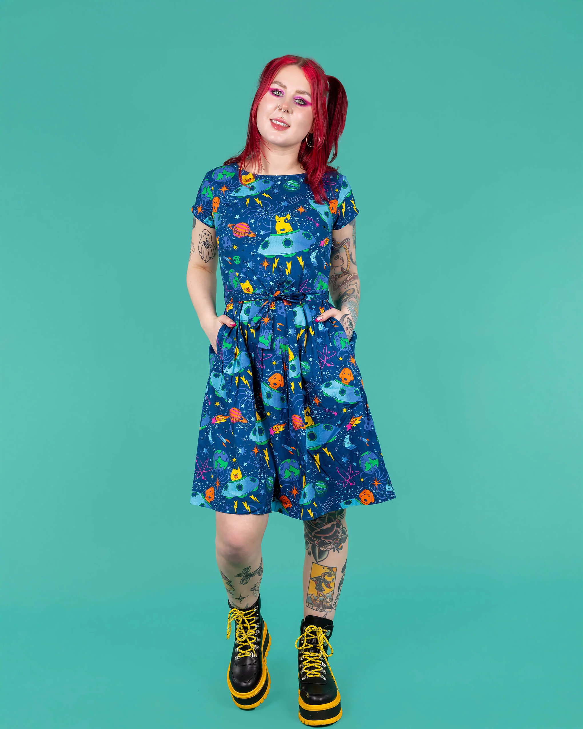 Dogs in Space Stretch Belted Tea Dress with Pockets - Image 4