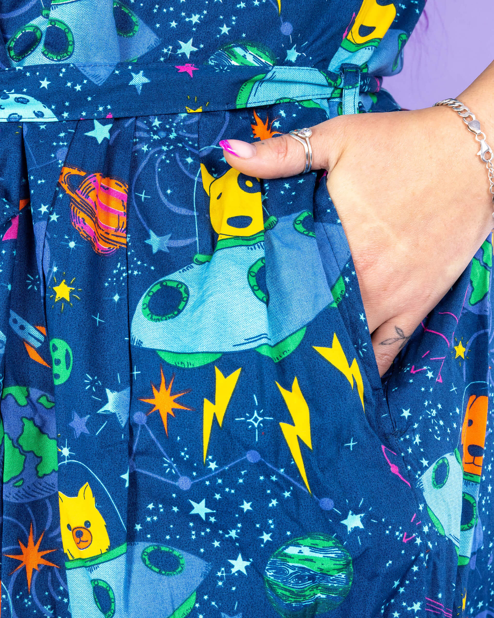 Dogs in Space Stretch Belted Tea Dress with Pockets - Image 9