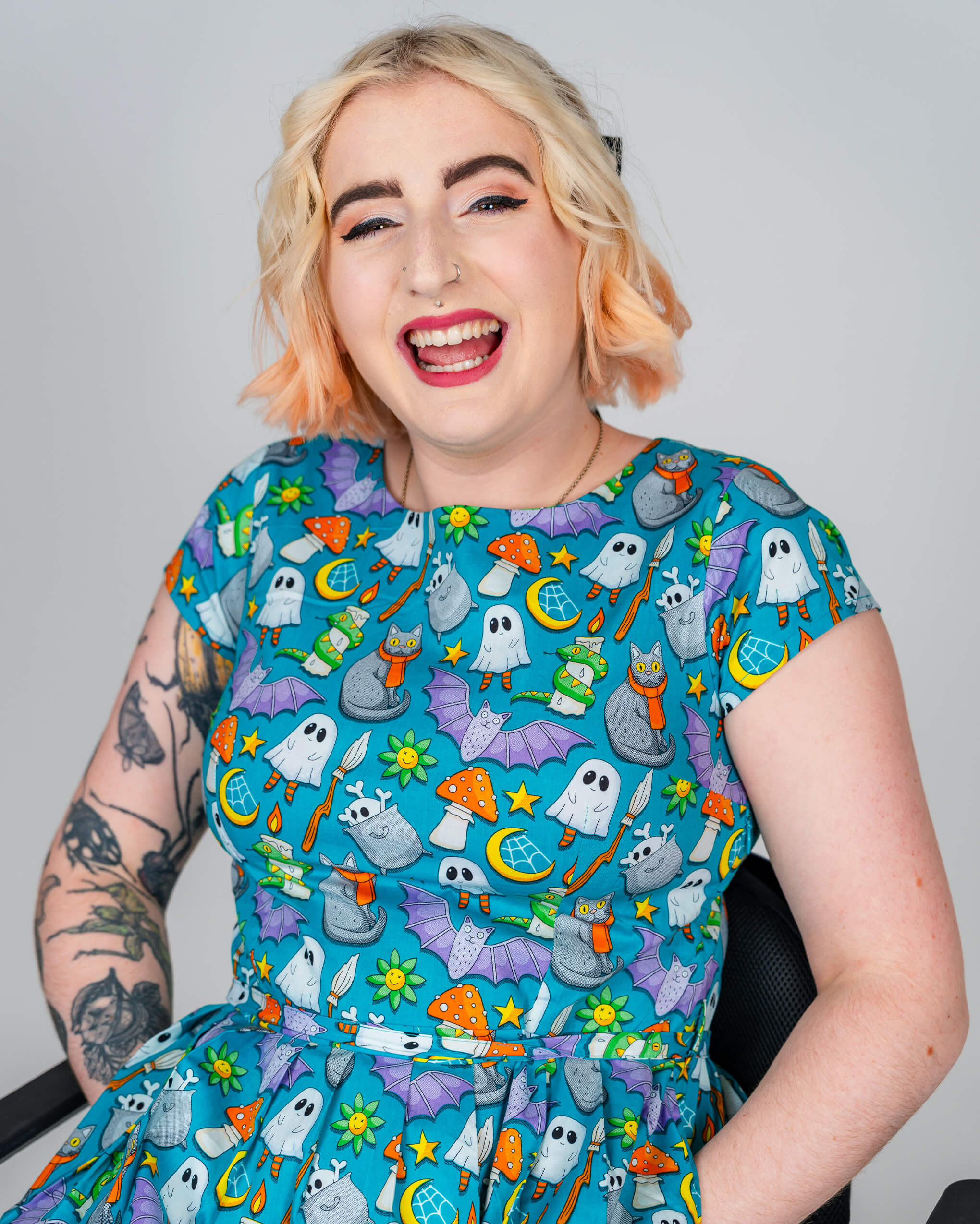 Halloween: Cauldron Cats Teal Stretch Belted Tea Dress with Pockets - Image 3