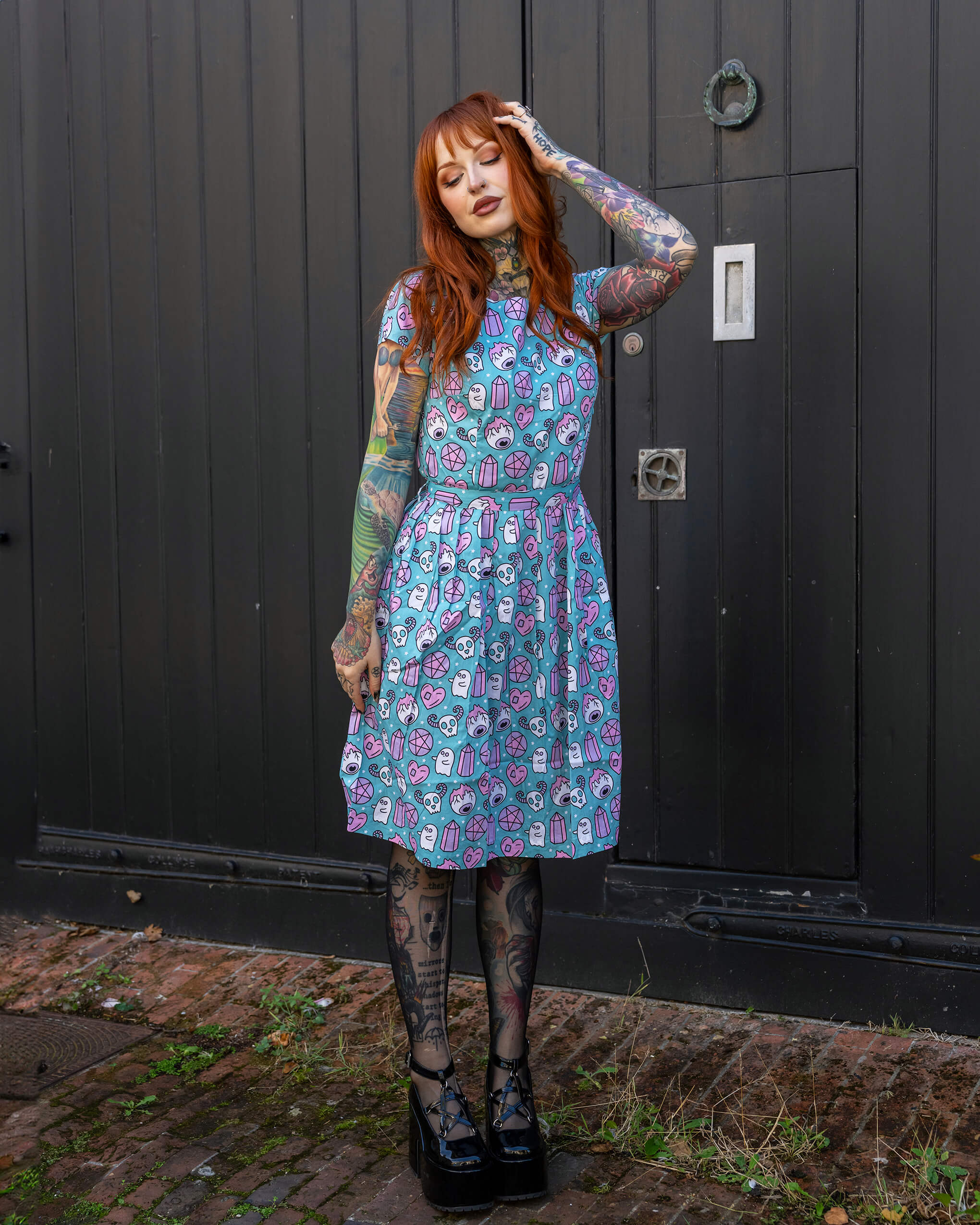 Halloween: Pretty Spooky Stretch Belted Tea Dress with Pockets