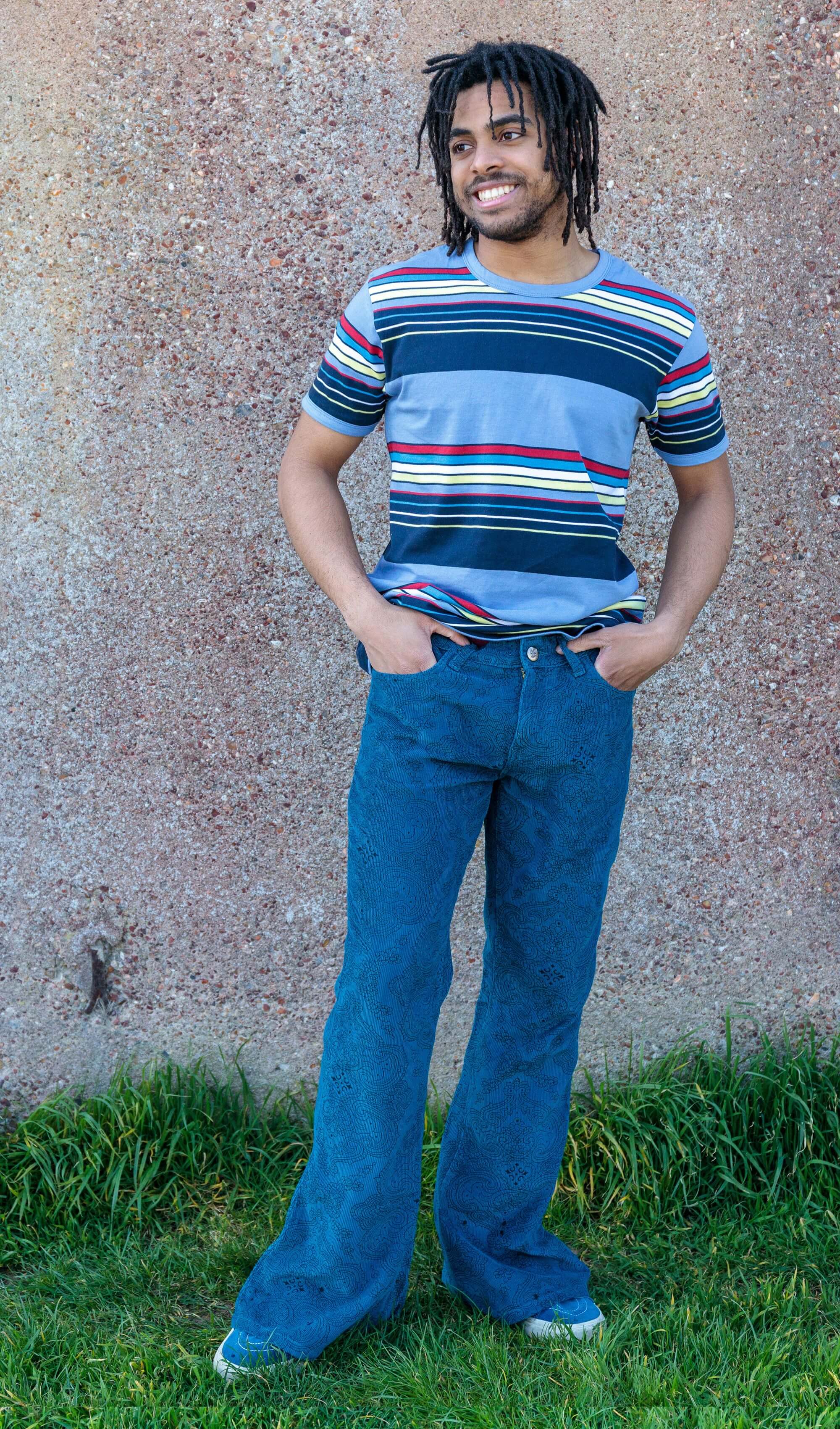 Hendrix Ink Blue Paisley Corduroy Bell Bottom Super Flares - Image 4