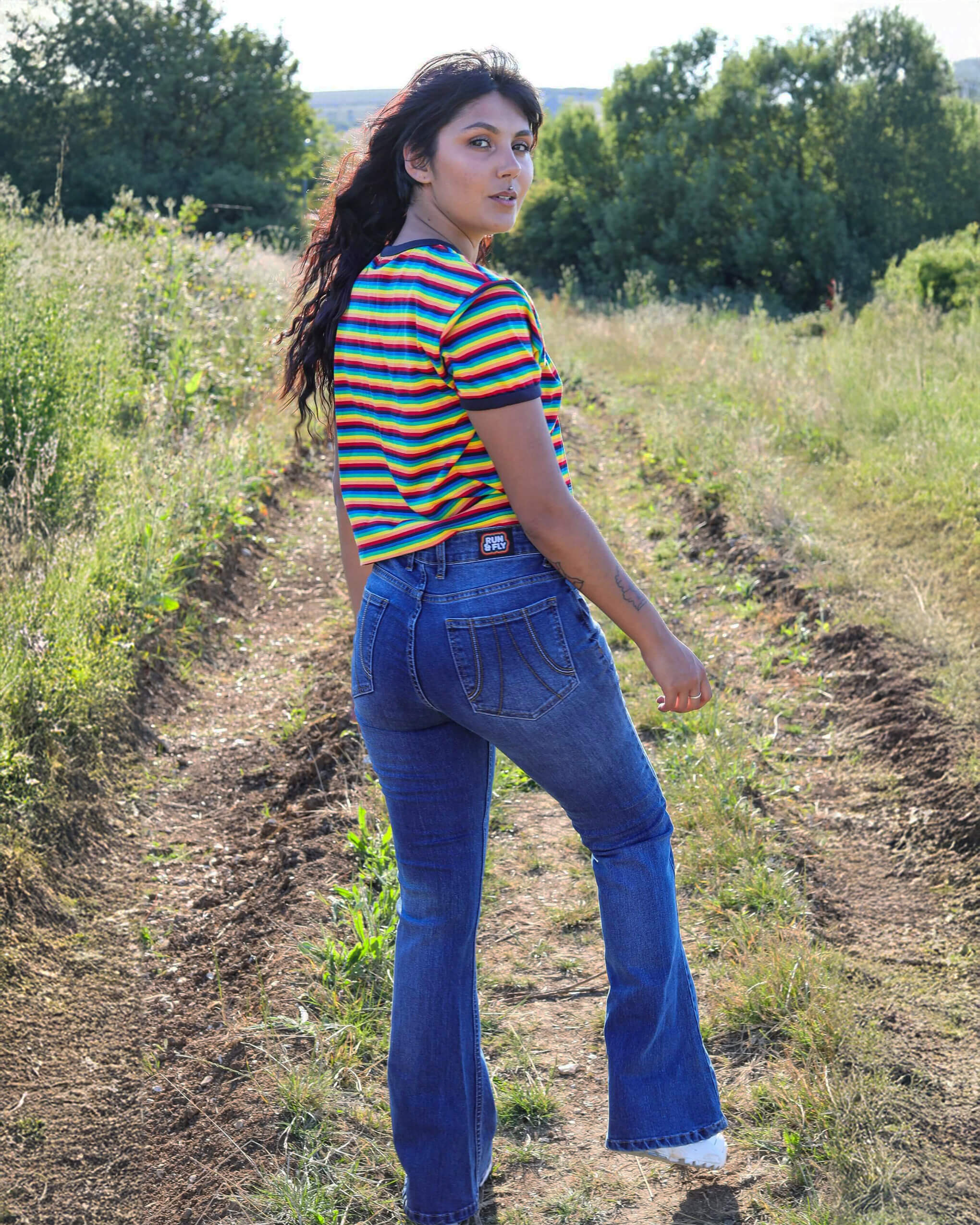 Stone Wash Blue Distress Stretch Denim Rock N Roll Bell Bottom Flares - Image 8