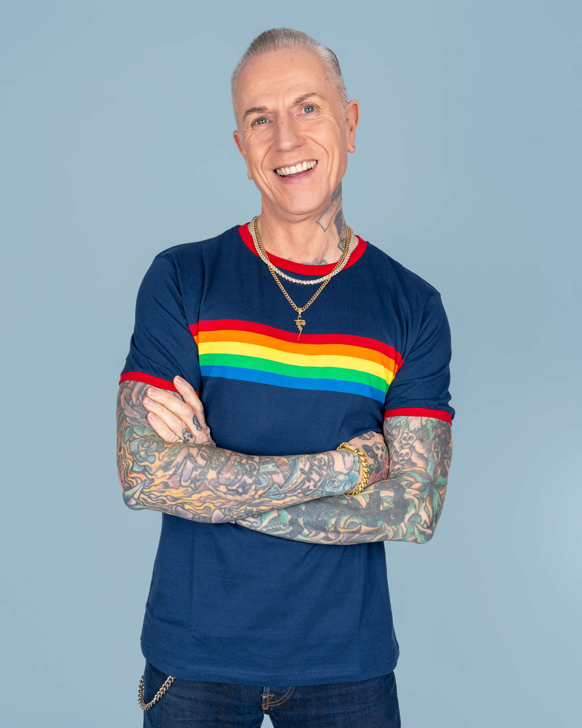 Navy Ringer Retro Rainbow Striped T Shirt - Image 4