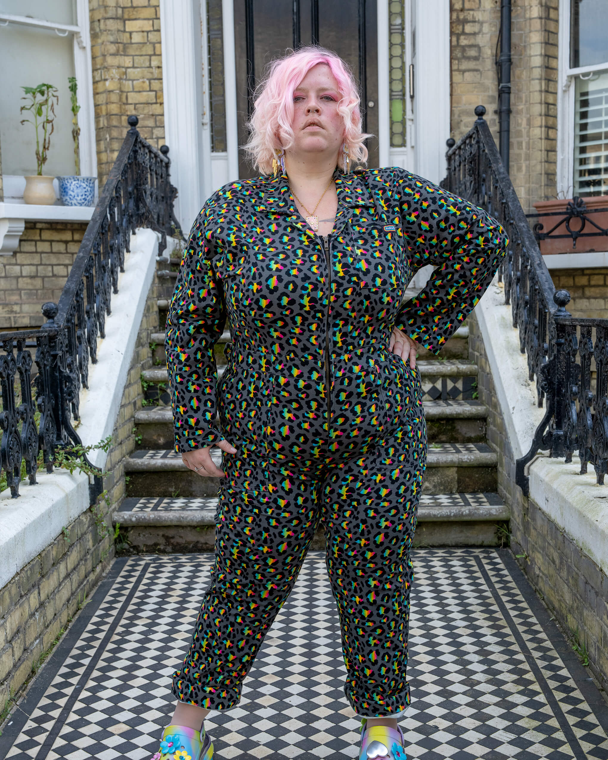 Grey Rainbow Leopard Stretch Twill Boiler Suit - Image 6