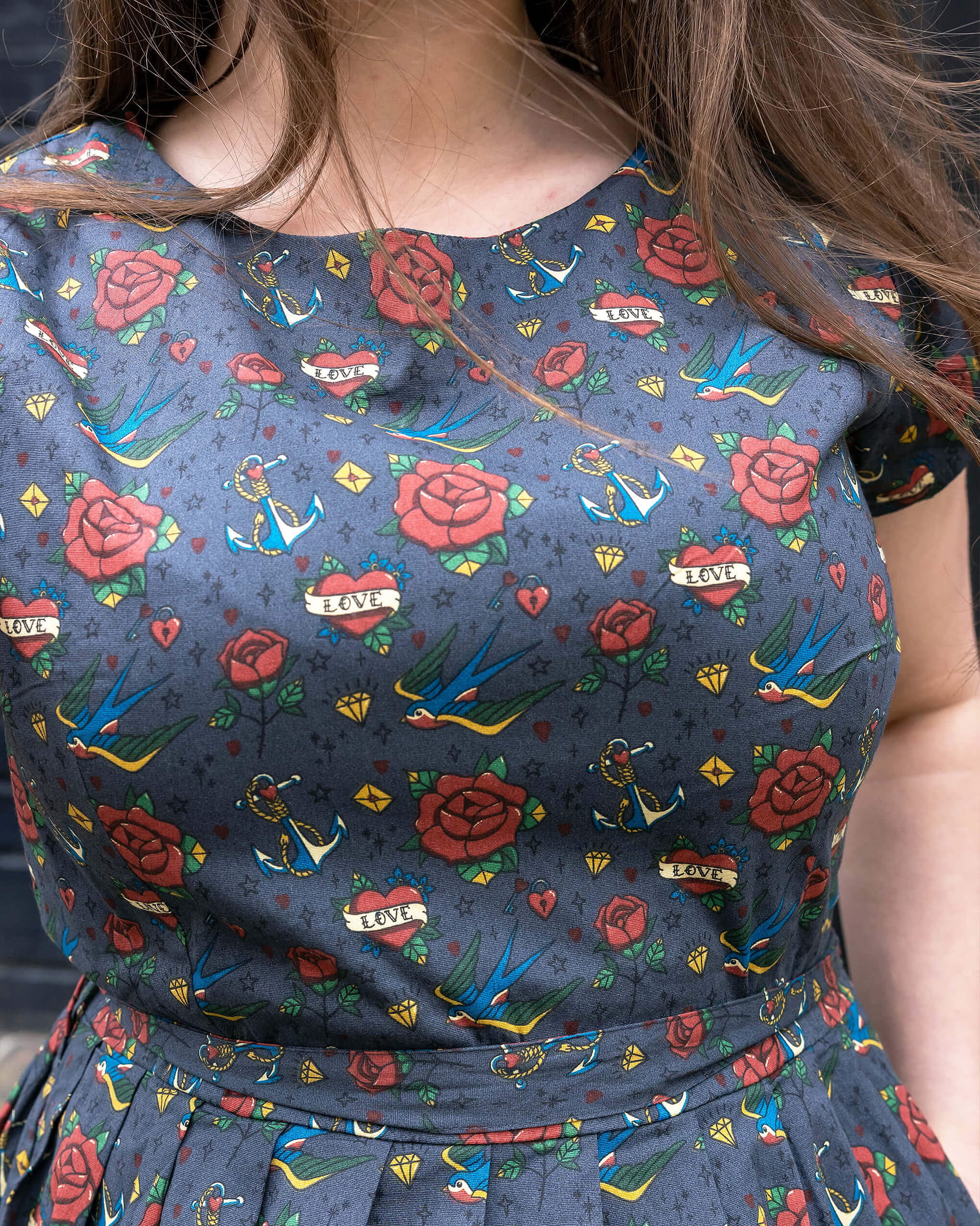 Retro Tattoo Stretch Belted Tea Dress with Pockets - Image 5