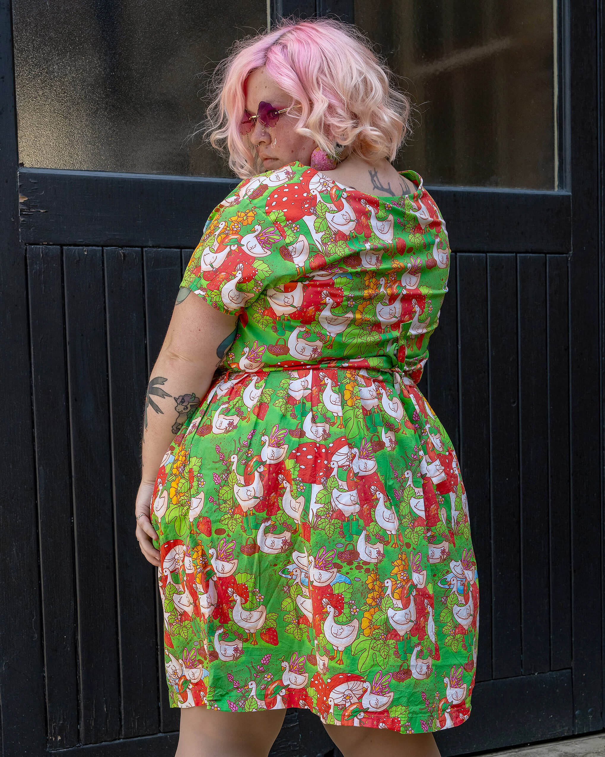 Run & Fly x The Mushroom Babes In The Geese Garden Stretch Belted Tea Dress with Pockets - Image 3