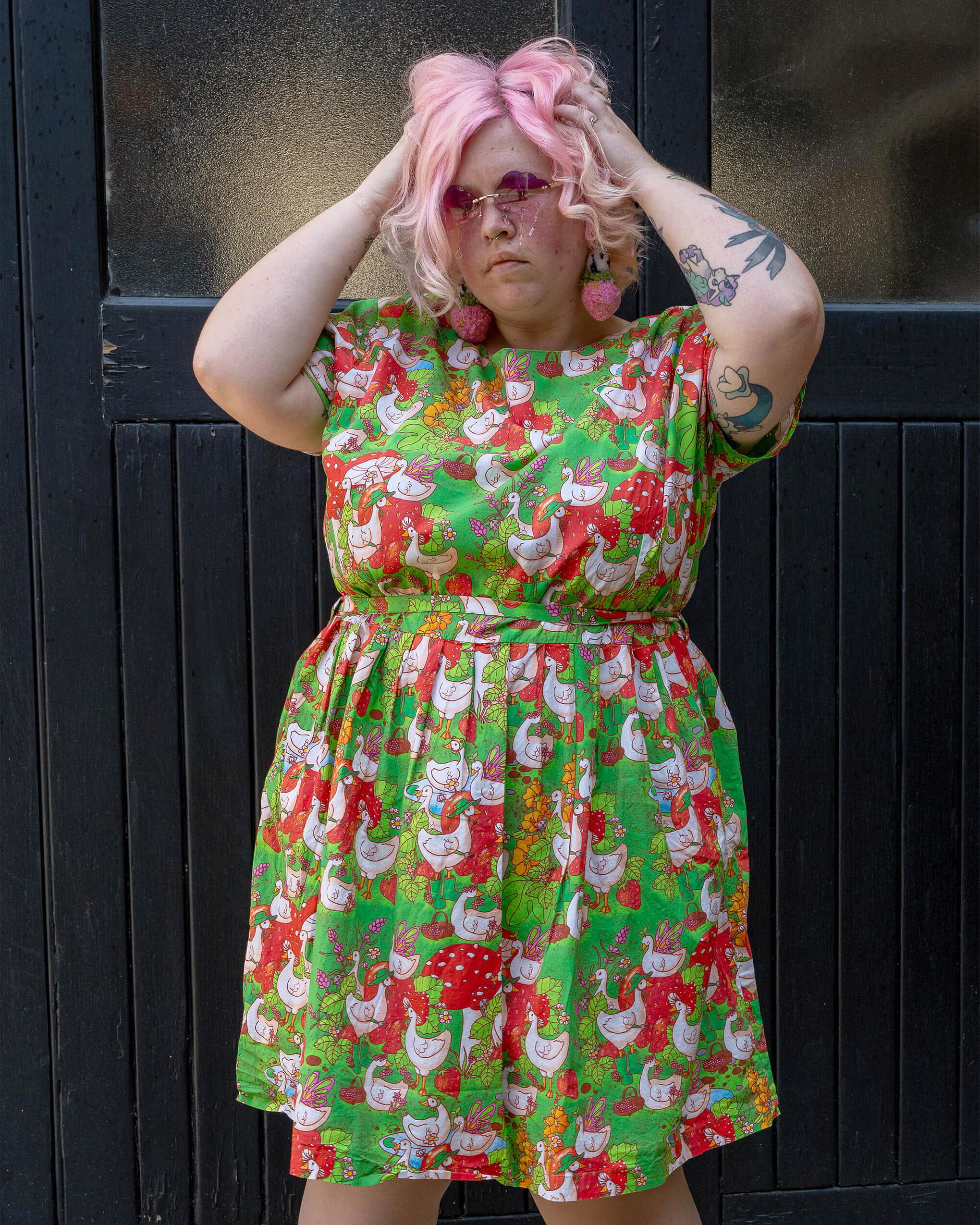 Run & Fly x The Mushroom Babes In The Geese Garden Stretch Belted Tea Dress with Pockets - Image 5