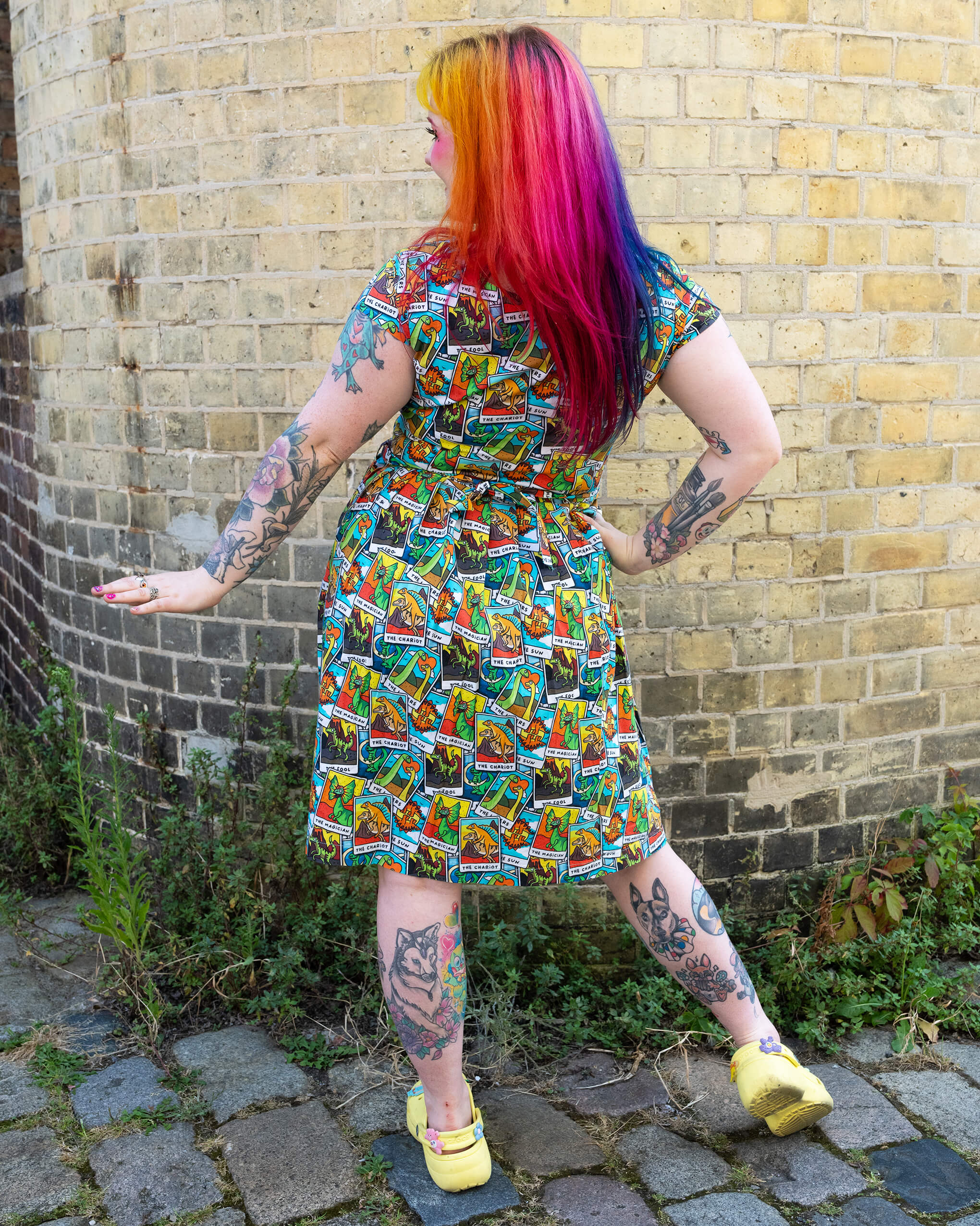 Tarot Dinosaurs Stretch Belted Tea Dress with Pockets - Image 9